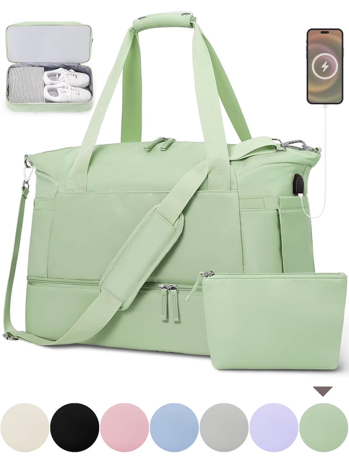 Travel Duffel Bag for Women Gym Bag with USB Charging Port Large Weekender Overnight Bag Yoga Duffle Bags with Wet Pocket and Shoes Compartment, Pink