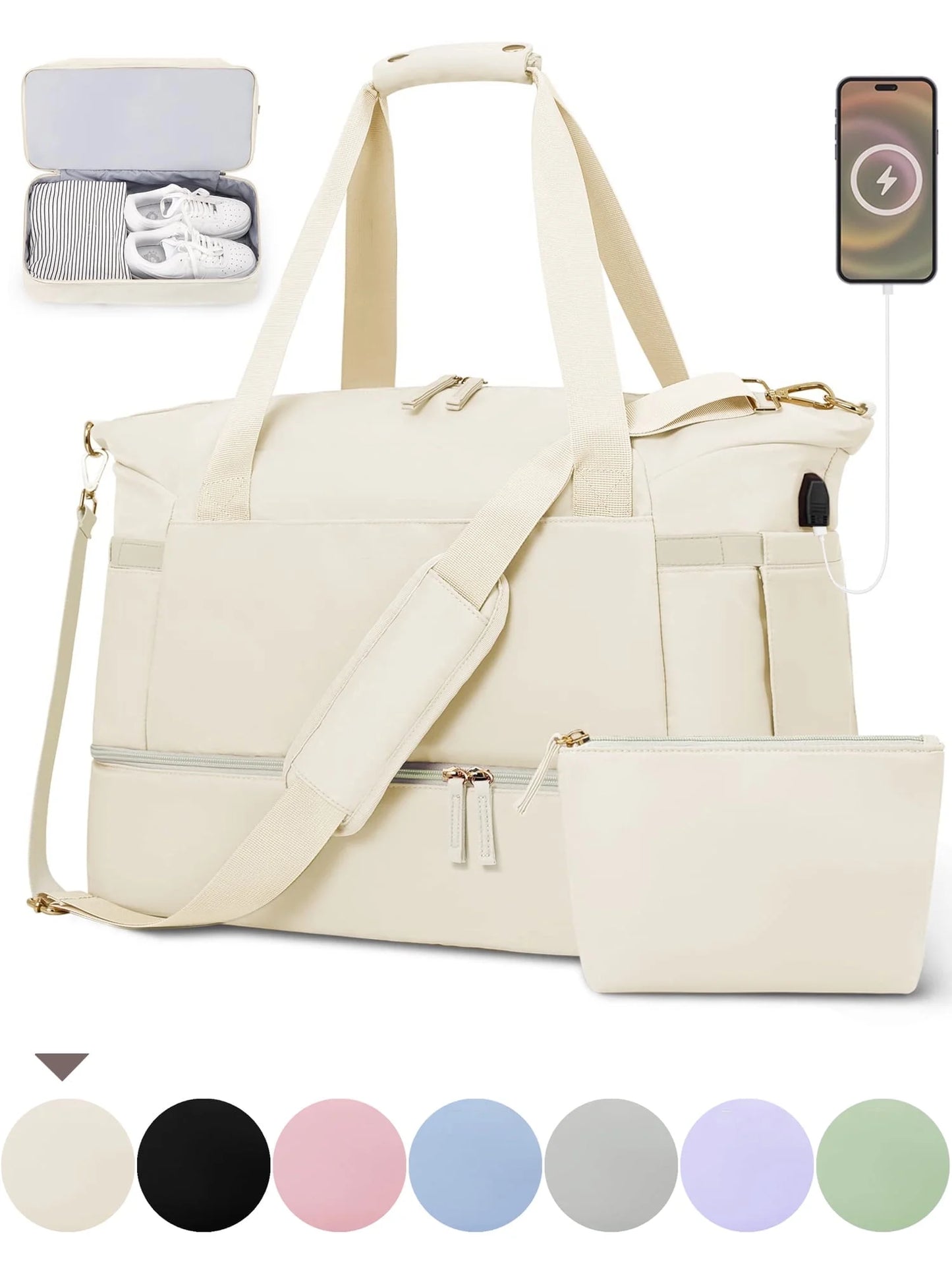 Travel Duffel Bag for Women Gym Bag with USB Charging Port Large Weekender Overnight Bag Yoga Duffle Bags with Wet Pocket and Shoes Compartment, Pink