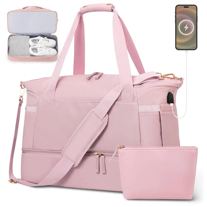 Travel Duffel Bag for Women Gym Bag with USB Charging Port Large Weekender Overnight Bag Yoga Duffle Bags with Wet Pocket and Shoes Compartment, Pink