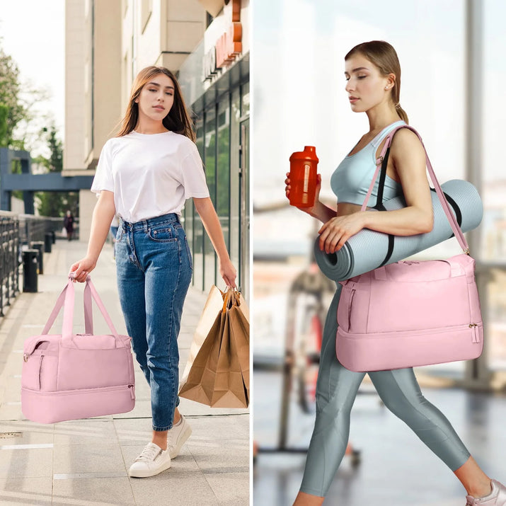 Travel Duffel Bag for Women Gym Bag with USB Charging Port Large Weekender Overnight Bag Yoga Duffle Bags with Wet Pocket and Shoes Compartment, Pink